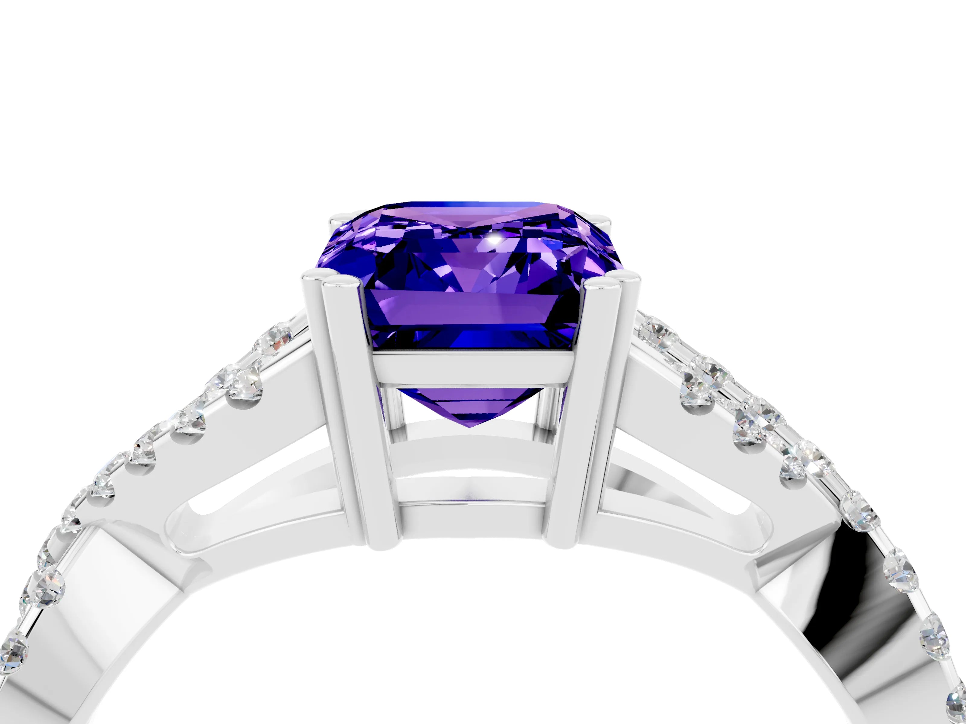 White gold Emerald Cut Tanzanite Solitaire Ring with Four-Prong Setting and Twisted Pavé Band_4