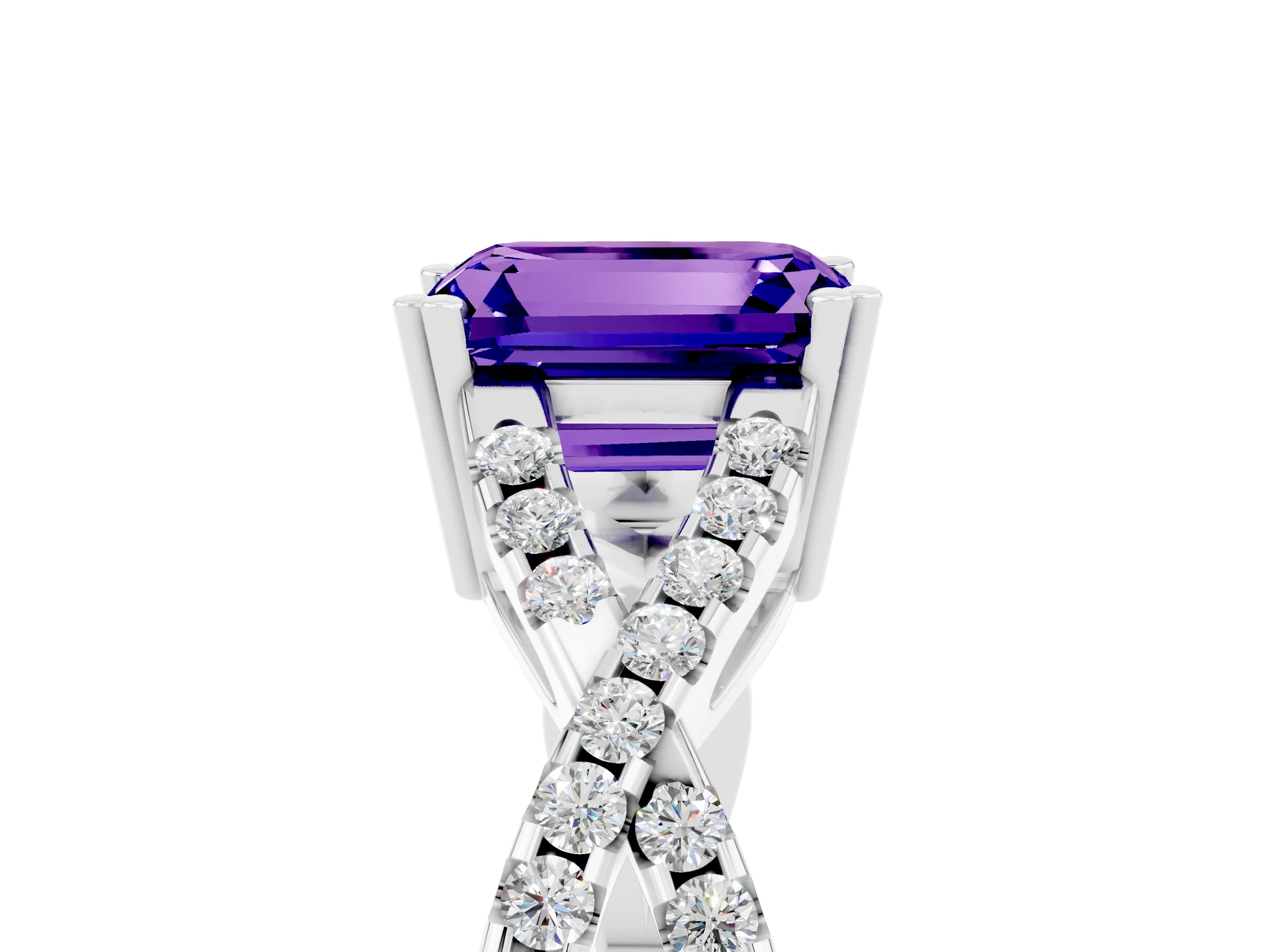 White gold Emerald Cut Tanzanite Solitaire Ring with Four-Prong Setting and Twisted Pavé Band_5