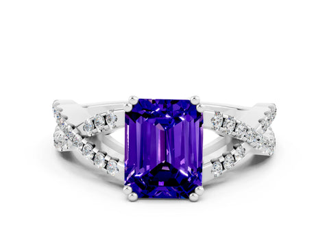 White gold Emerald Cut Tanzanite Solitaire Ring with Four-Prong Setting and Twisted Pavé Band