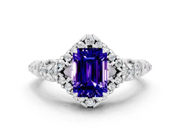 White gold Emerald Cut Tanzanite Solitaire Ring with Hidden Halo and Pavé Band