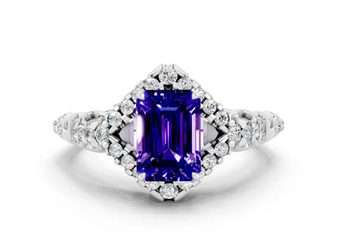 White gold Emerald Cut Tanzanite Solitaire Ring with Hidden Halo and Pavé Band_12