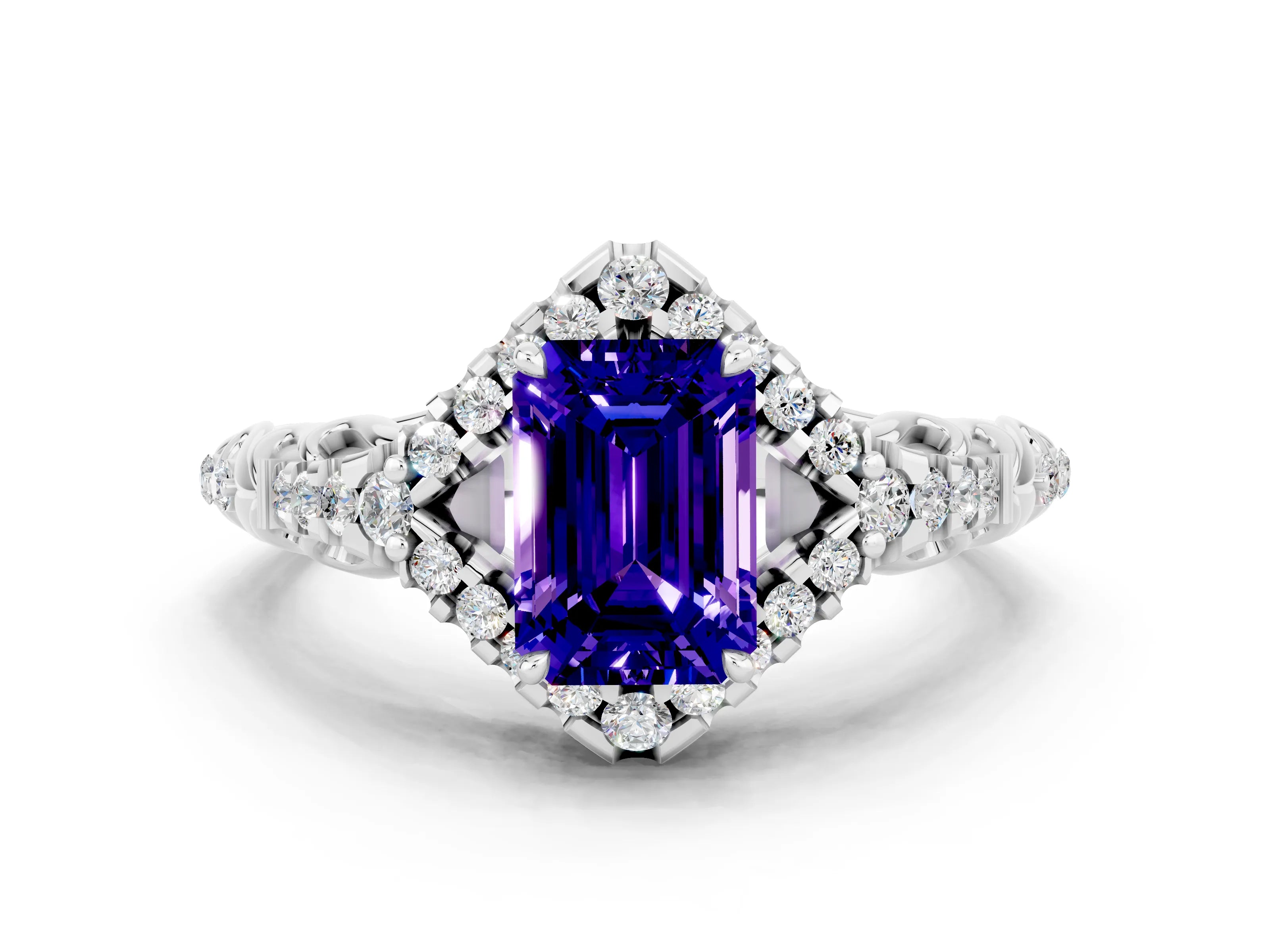 White gold Emerald Cut Tanzanite Solitaire Ring with Hidden Halo and Pavé Band_12