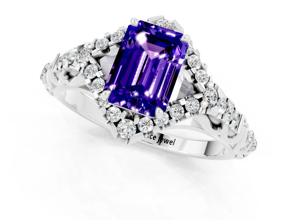 Silver Emerald Cut Tanzanite Solitaire Ring with Hidden Halo and Pavé Band