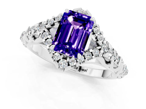 White gold Emerald Cut Tanzanite Solitaire Ring with Hidden Halo and Pavé Band_13