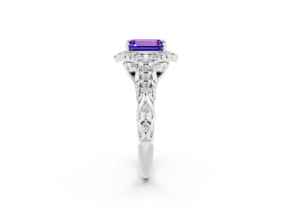 White gold Emerald Cut Tanzanite Solitaire Ring with Hidden Halo and Pavé Band