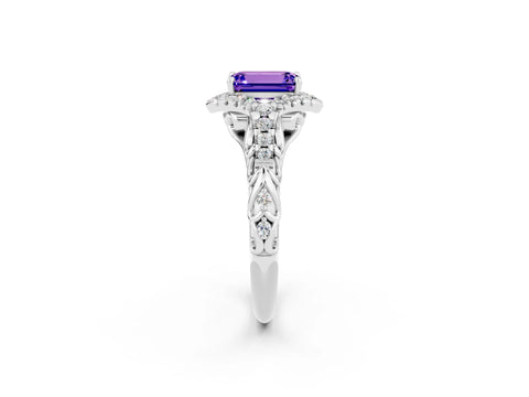 White gold Emerald Cut Tanzanite Solitaire Ring with Hidden Halo and Pavé Band_14