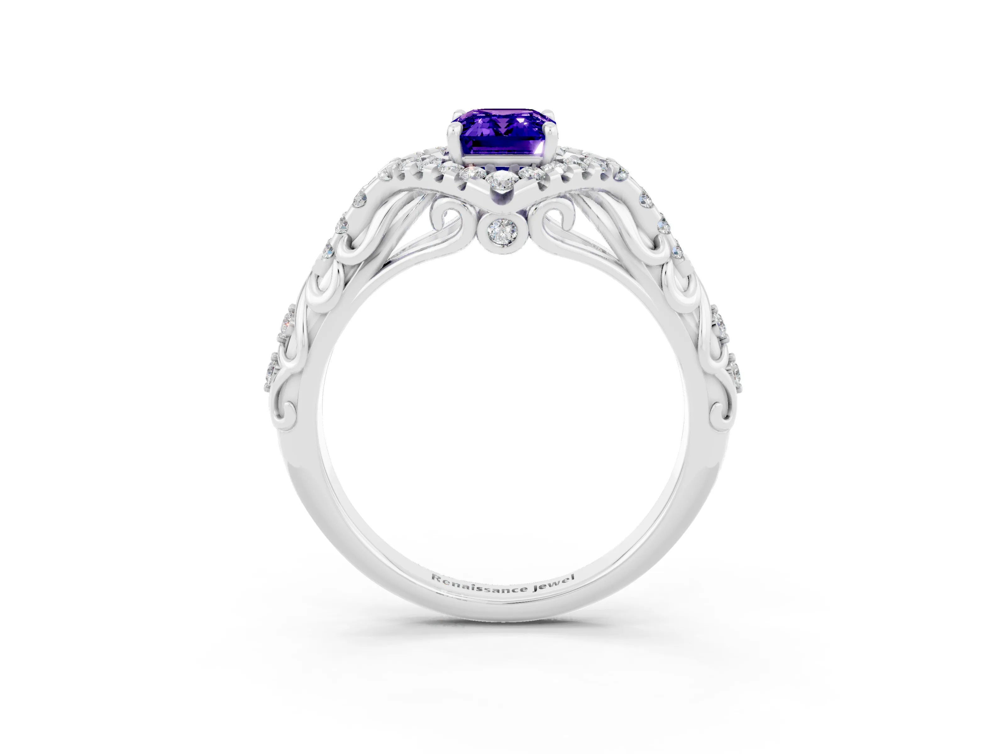 White gold Emerald Cut Tanzanite Solitaire Ring with Hidden Halo and Pavé Band_15