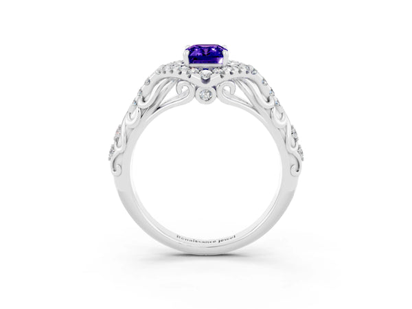 White gold Emerald Cut Tanzanite Solitaire Ring with Hidden Halo and Pavé Band