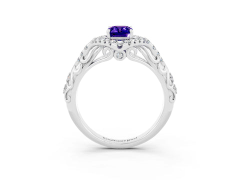 White gold Emerald Cut Tanzanite Solitaire Ring with Hidden Halo and Pavé Band_15