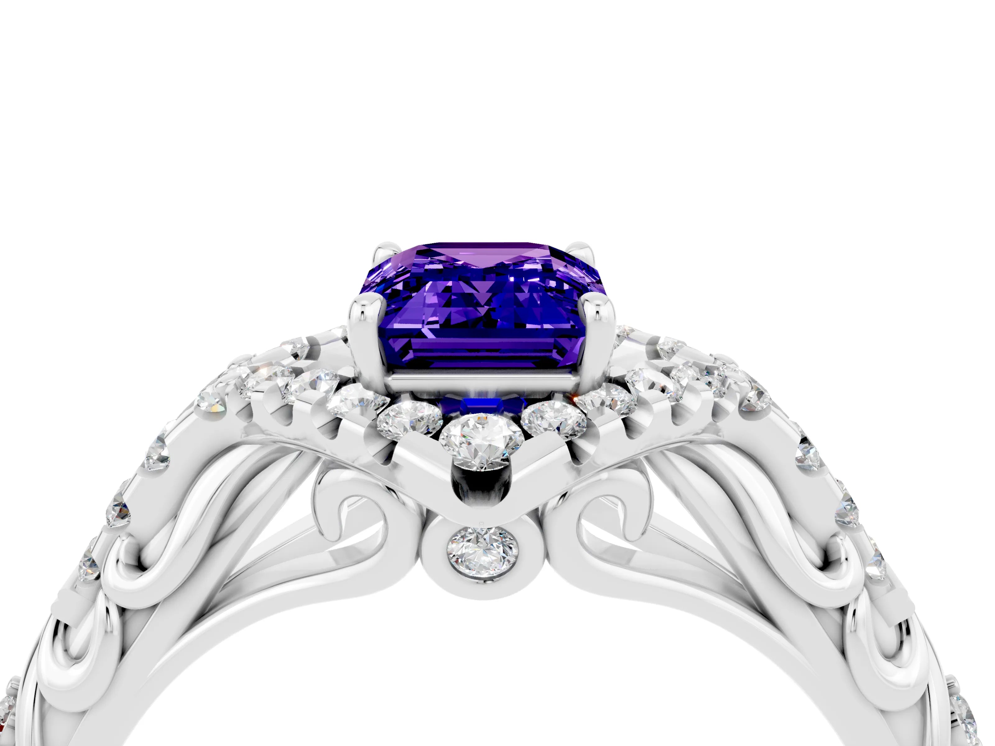 White gold Emerald Cut Tanzanite Solitaire Ring with Hidden Halo and Pavé Band_16