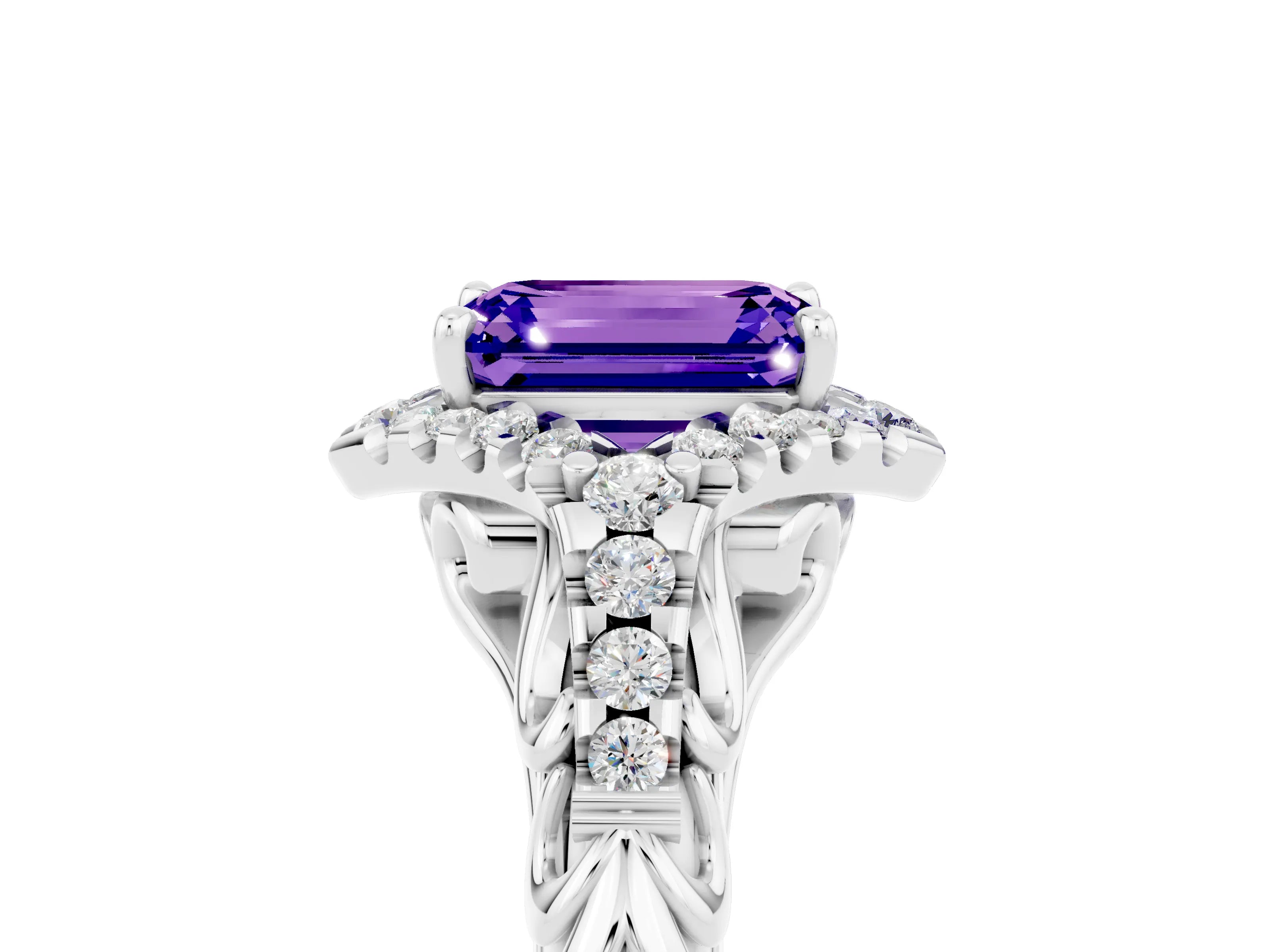 White gold Emerald Cut Tanzanite Solitaire Ring with Hidden Halo and Pavé Band_17