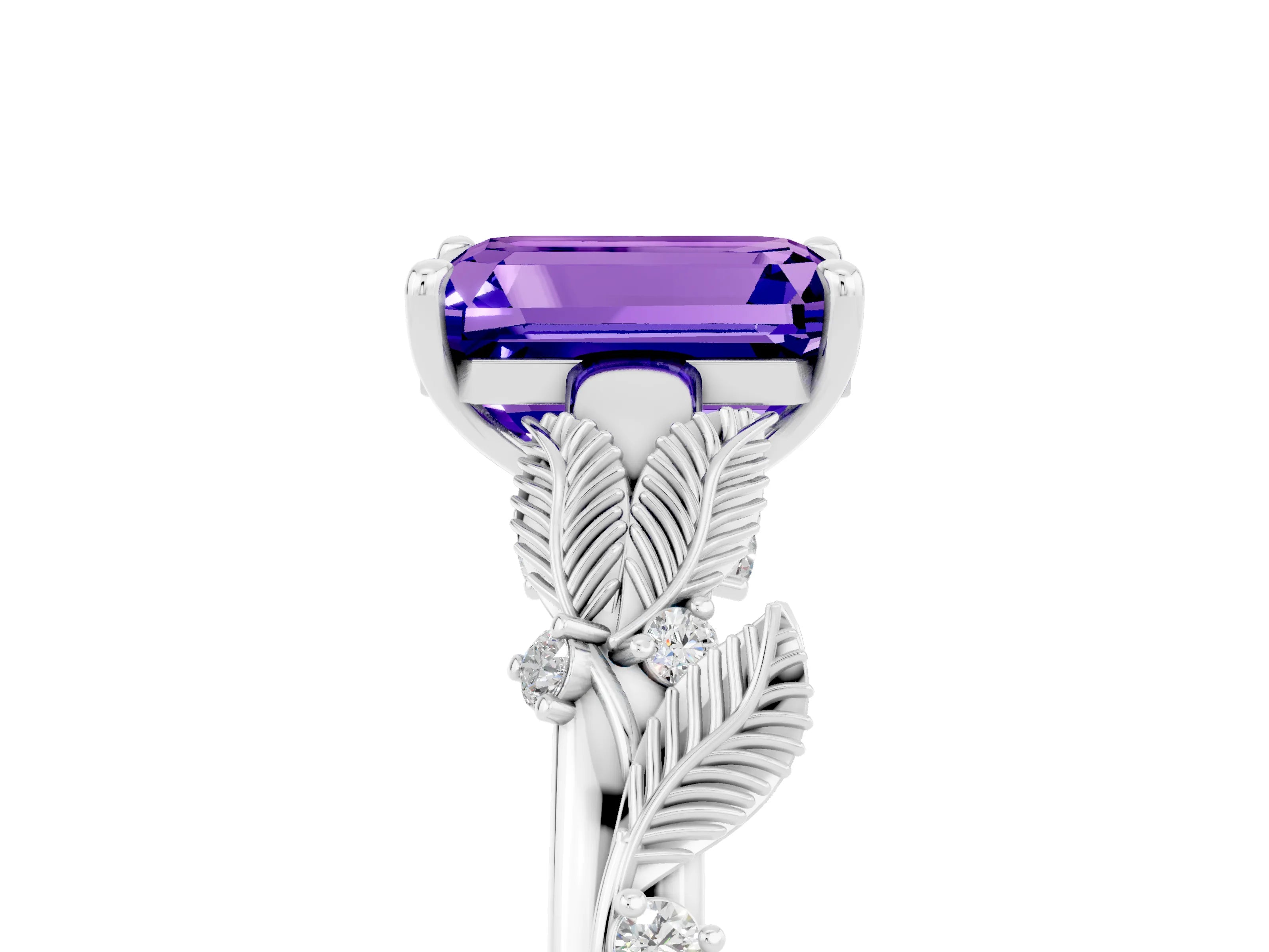 White gold Emerald Cut Tanzanite Solitaire Ring with Leaf Motif Band and Four-Prong Setting_17