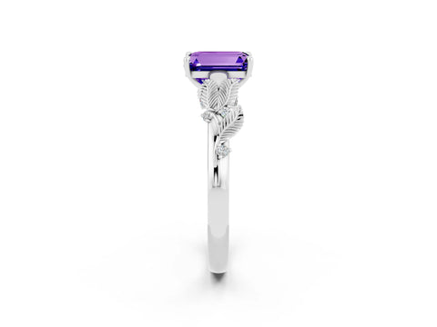 White gold Emerald Cut Tanzanite Solitaire Ring with Leaf Motif Band and Four-Prong Setting_2