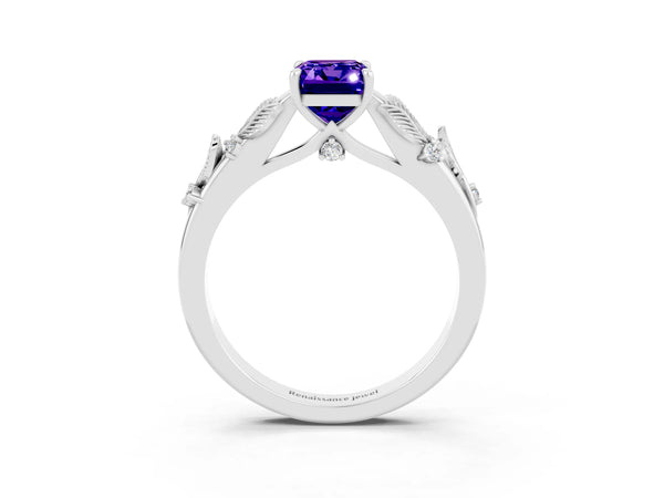 Platinum Emerald Cut Tanzanite Solitaire Ring with Leaf Motif Band and Four-Prong Setting