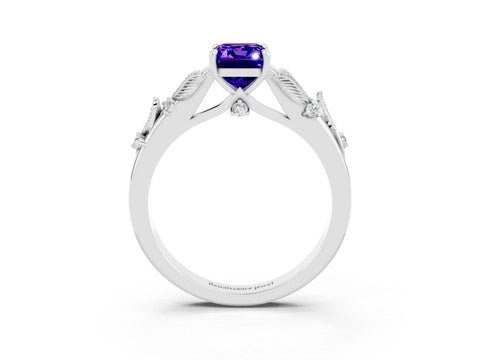 White gold Emerald Cut Tanzanite Solitaire Ring with Leaf Motif Band and Four-Prong Setting_3