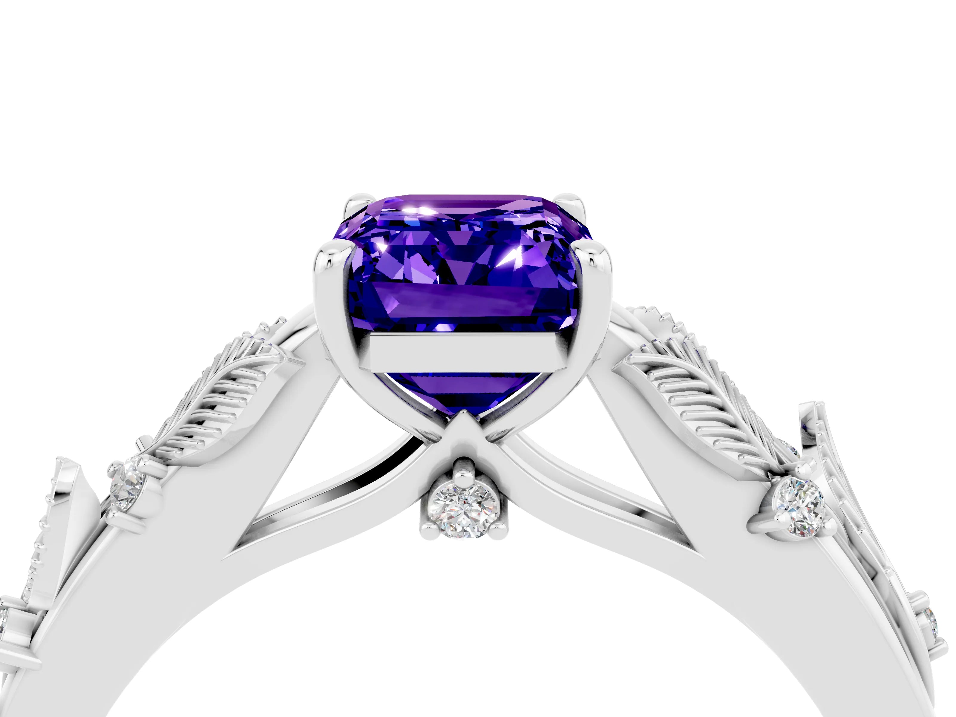 White gold Emerald Cut Tanzanite Solitaire Ring with Leaf Motif Band and Four-Prong Setting_4