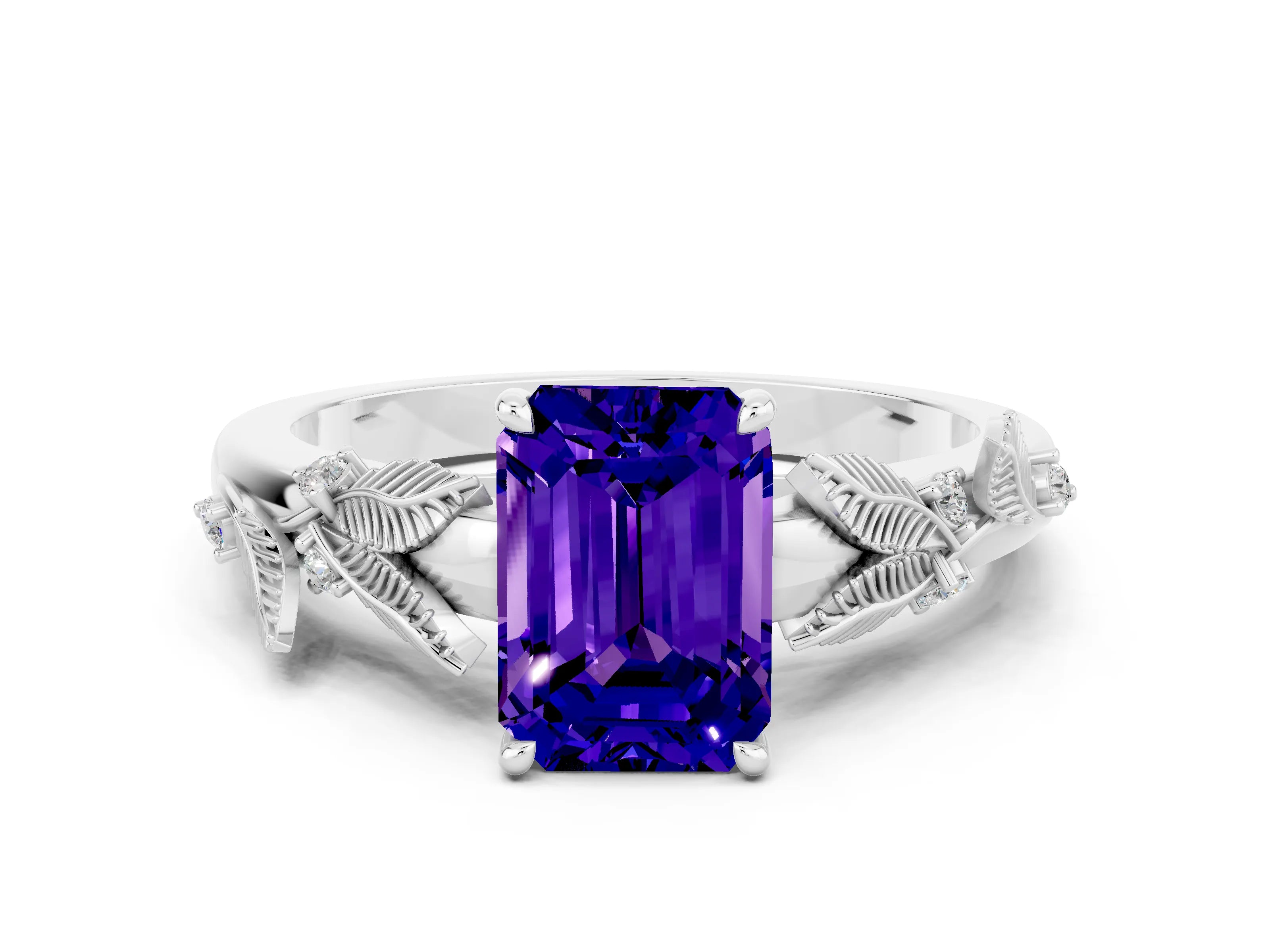 White gold Emerald Cut Tanzanite Solitaire Ring with Leaf Motif Band and Four-Prong Setting
