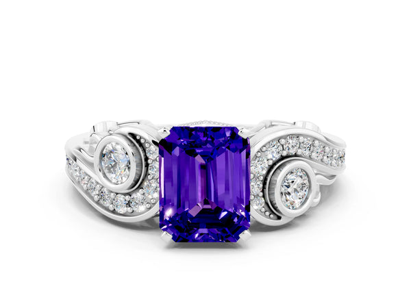 Silver Emerald Cut Tanzanite Solitaire Ring with Milgrain Pavé Band and Four-Prong Setting