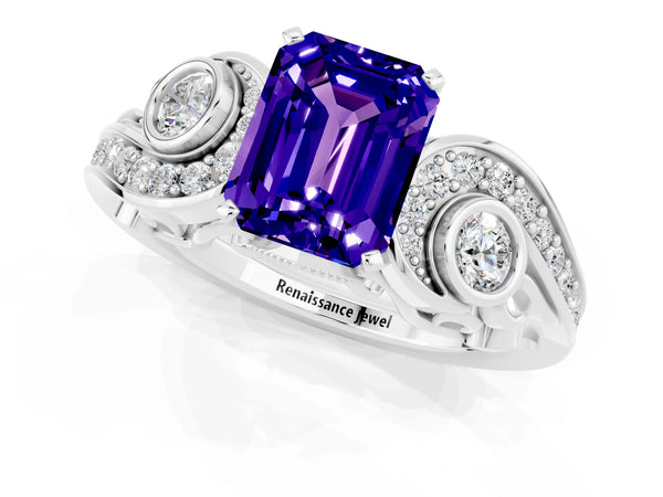 Silver Emerald Cut Tanzanite Solitaire Ring with Milgrain Pavé Band and Four-Prong Setting