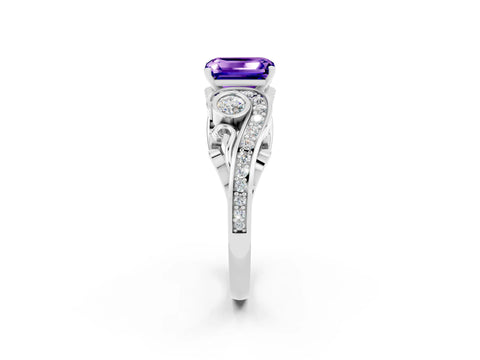 White gold Emerald Cut Tanzanite Solitaire Ring with Milgrain Pavé Band and Four-Prong Setting_14