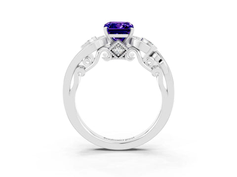 White gold Emerald Cut Tanzanite Solitaire Ring with Milgrain Pavé Band and Four-Prong Setting_15