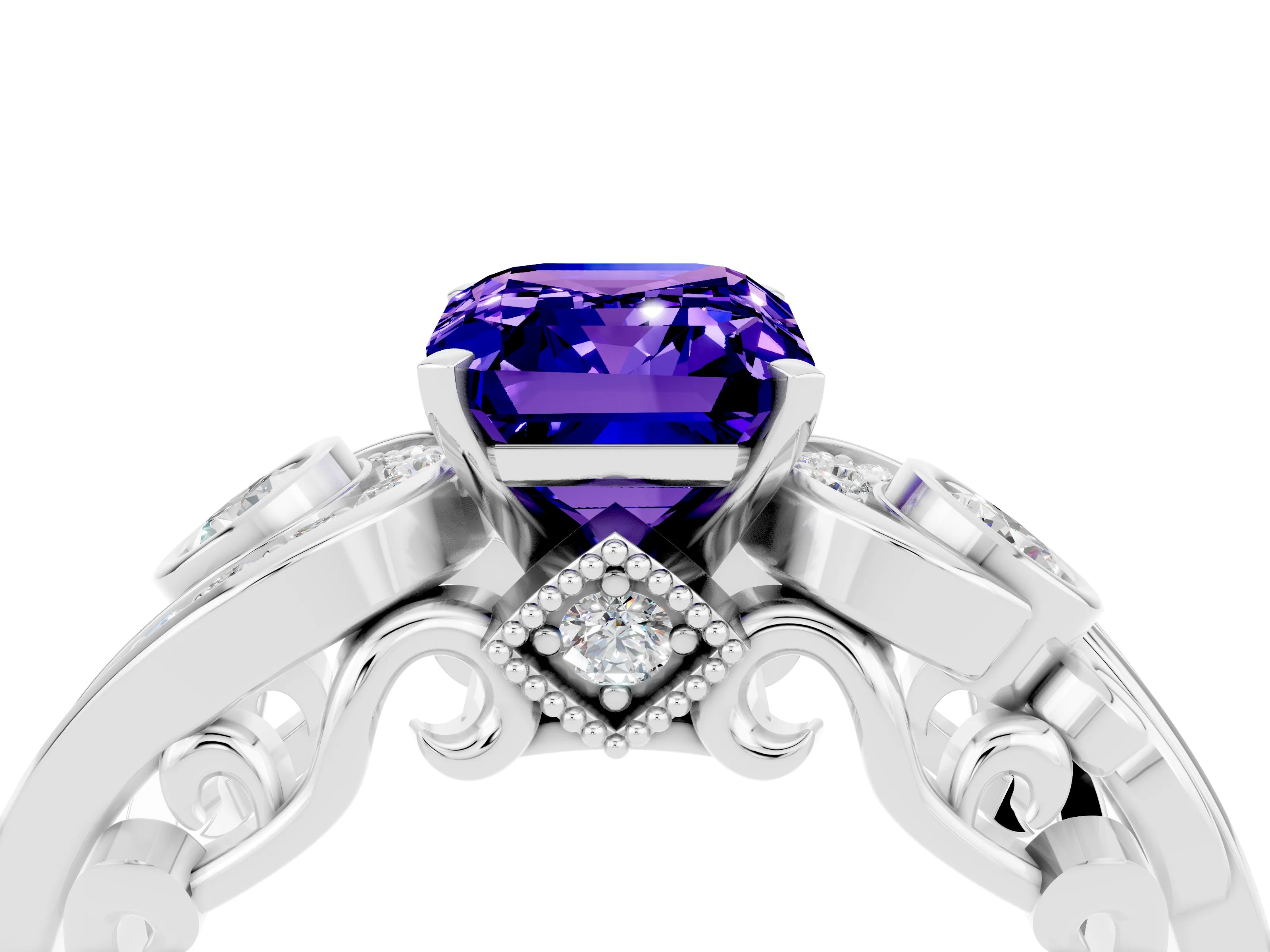 White gold Emerald Cut Tanzanite Solitaire Ring with Milgrain Pavé Band and Four-Prong Setting_16