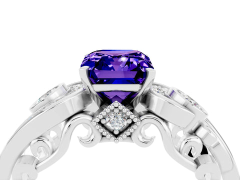 White gold Emerald Cut Tanzanite Solitaire Ring with Milgrain Pavé Band and Four-Prong Setting_16