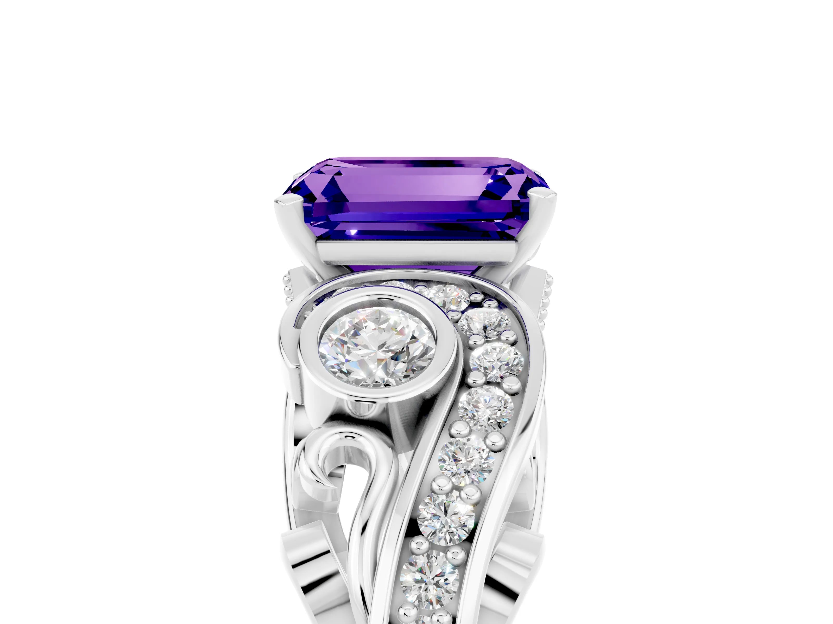 White gold Emerald Cut Tanzanite Solitaire Ring with Milgrain Pavé Band and Four-Prong Setting_17
