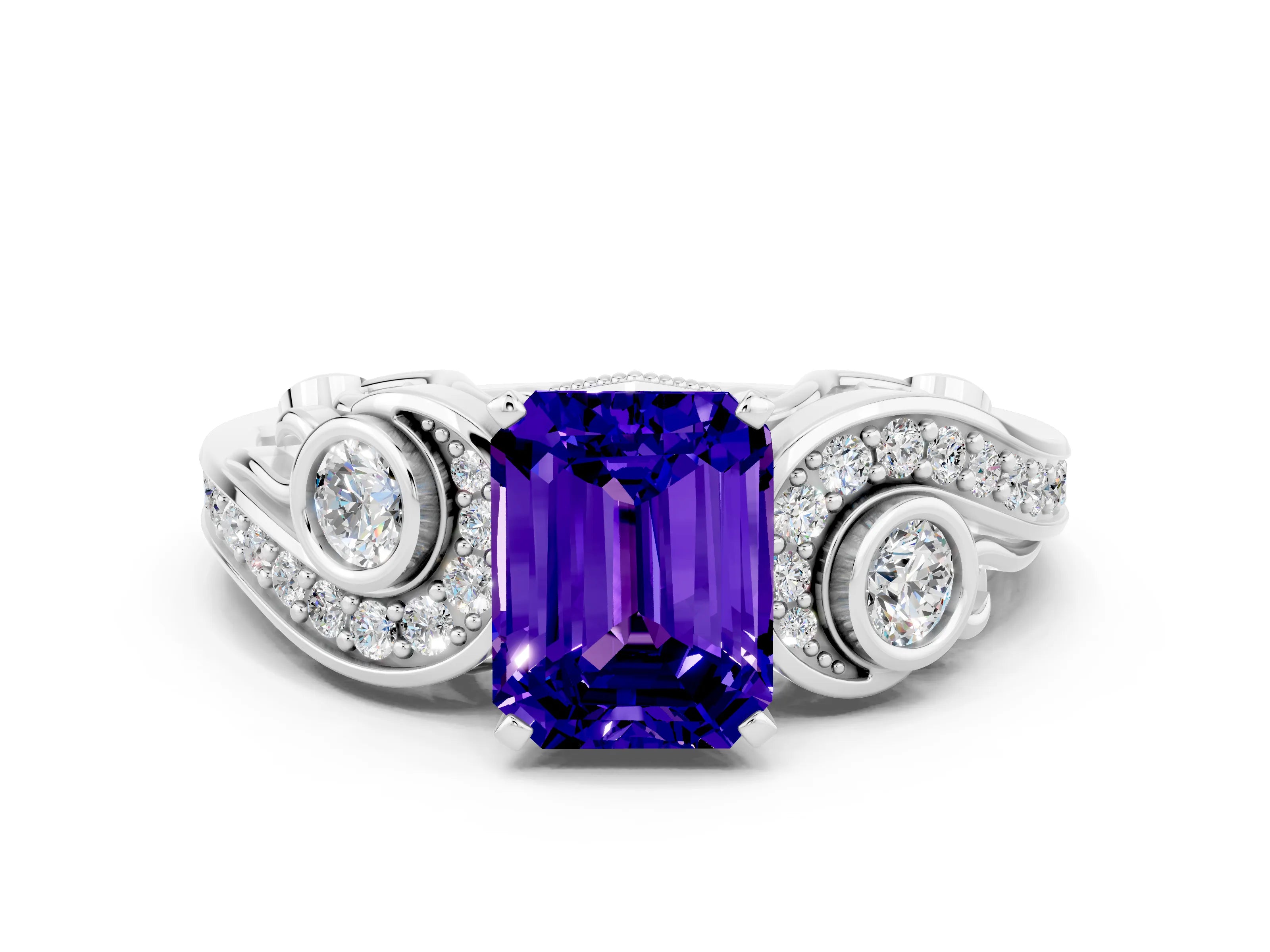 White gold Emerald Cut Tanzanite Solitaire Ring with Milgrain Pavé Band and Four-Prong Setting_48