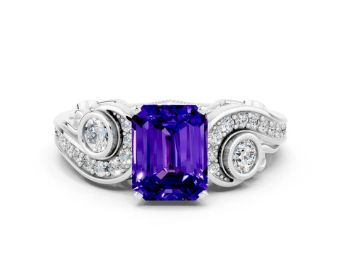White gold Emerald Cut Tanzanite Solitaire Ring with Milgrain Pavé Band and Four-Prong Setting_48