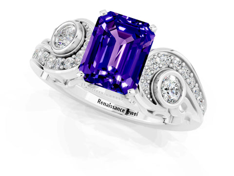 White gold Emerald Cut Tanzanite Solitaire Ring with Milgrain Pavé Band and Four-Prong Setting_49