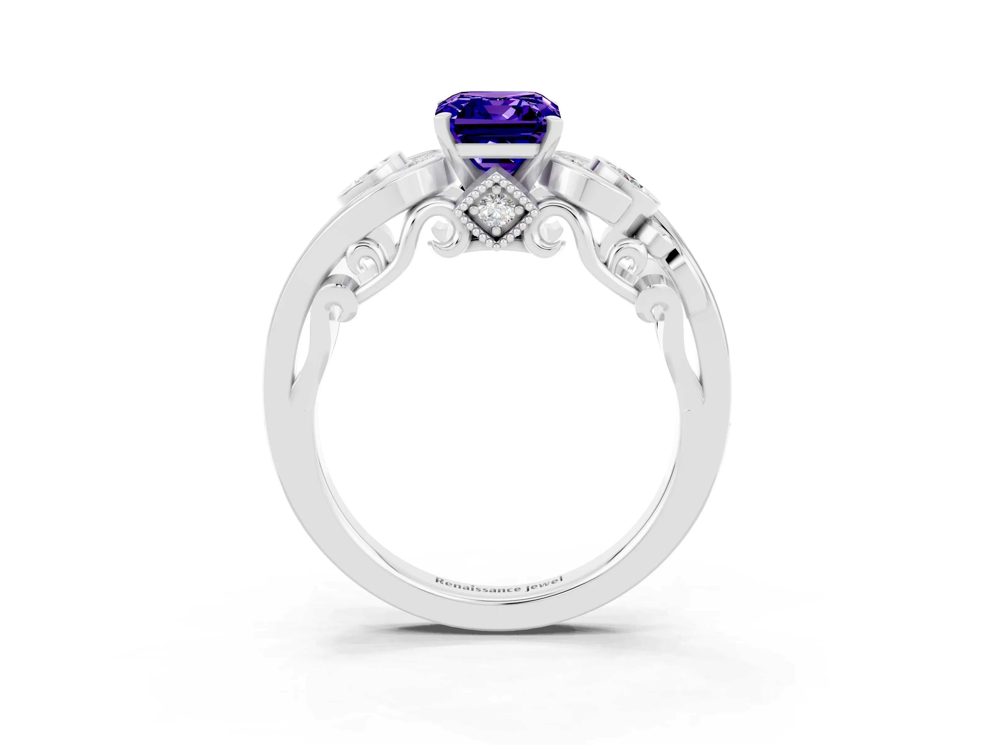 White gold Emerald Cut Tanzanite Solitaire Ring with Milgrain Pavé Band and Four-Prong Setting_51