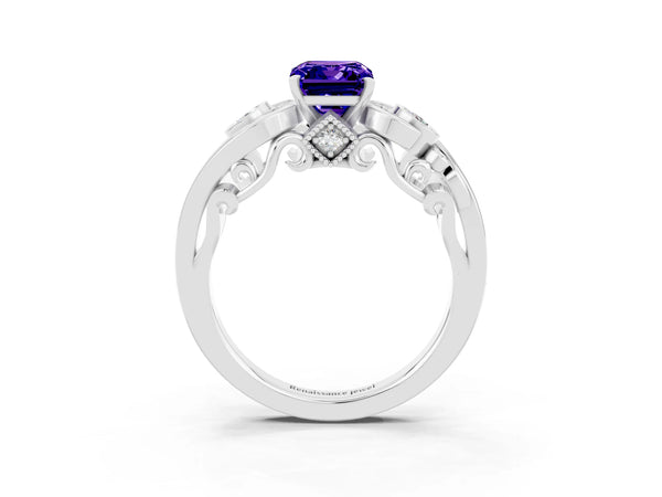 White gold Emerald Cut Tanzanite Solitaire Ring with Milgrain Pavé Band and Four-Prong Setting