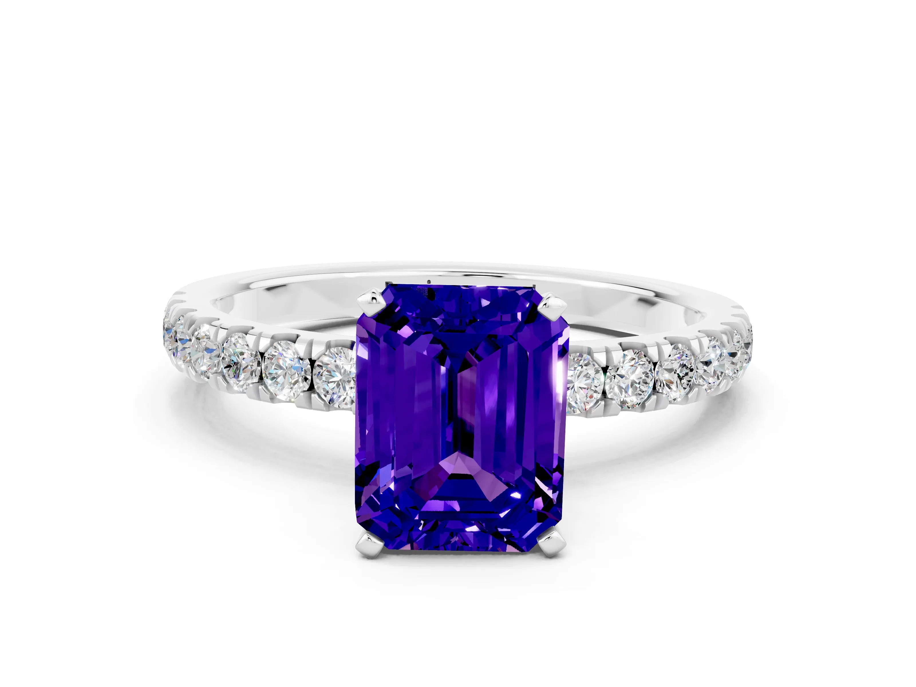 White gold Emerald Cut Tanzanite Solitaire Ring with Pavé Accents and Four-Prong Setting