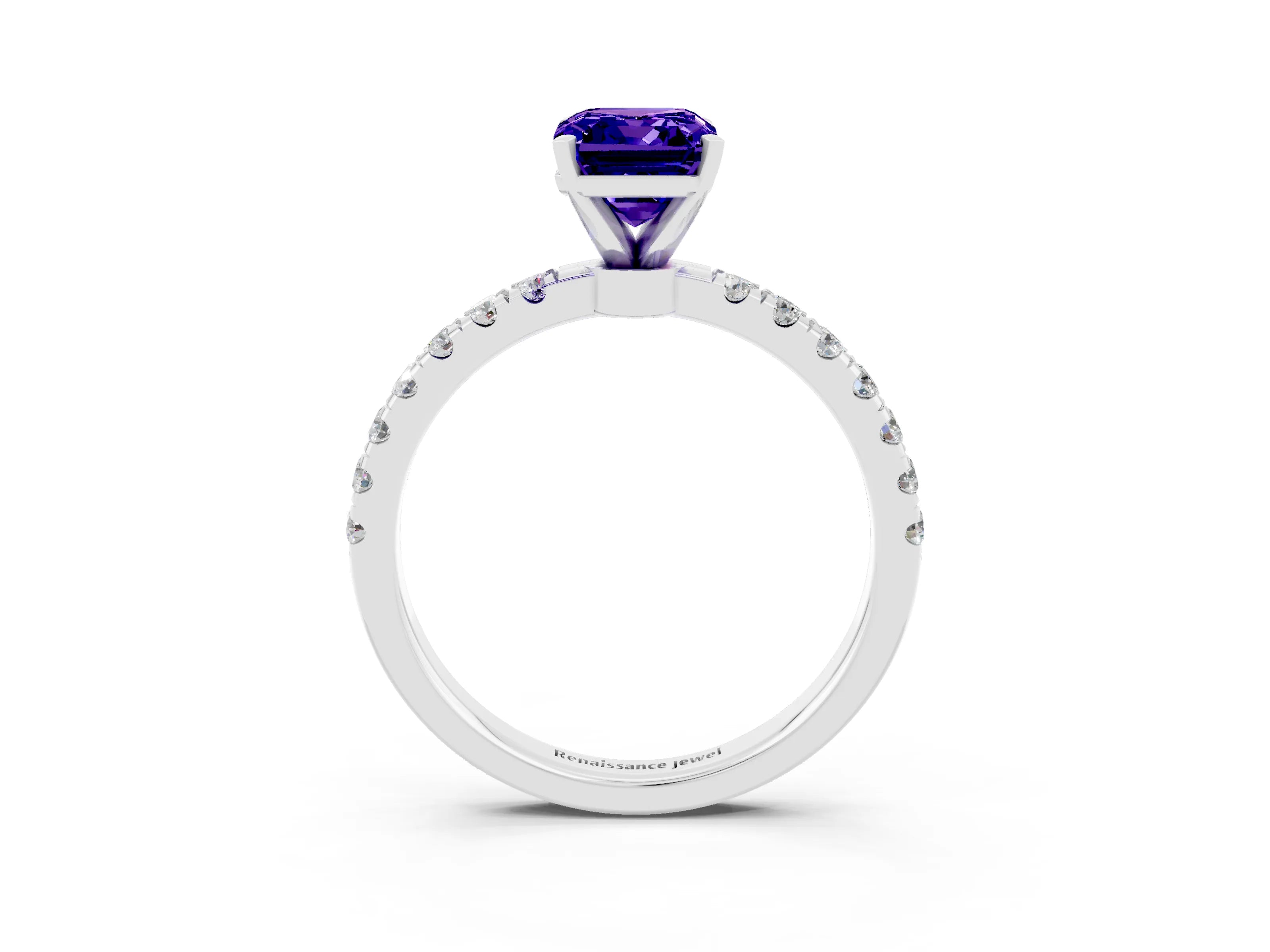 White gold Emerald Cut Tanzanite Solitaire Ring with Pavé Accents and Four-Prong Setting_3