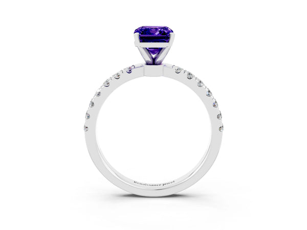 White gold Emerald Cut Tanzanite Solitaire Ring with Pavé Accents and Four-Prong Setting