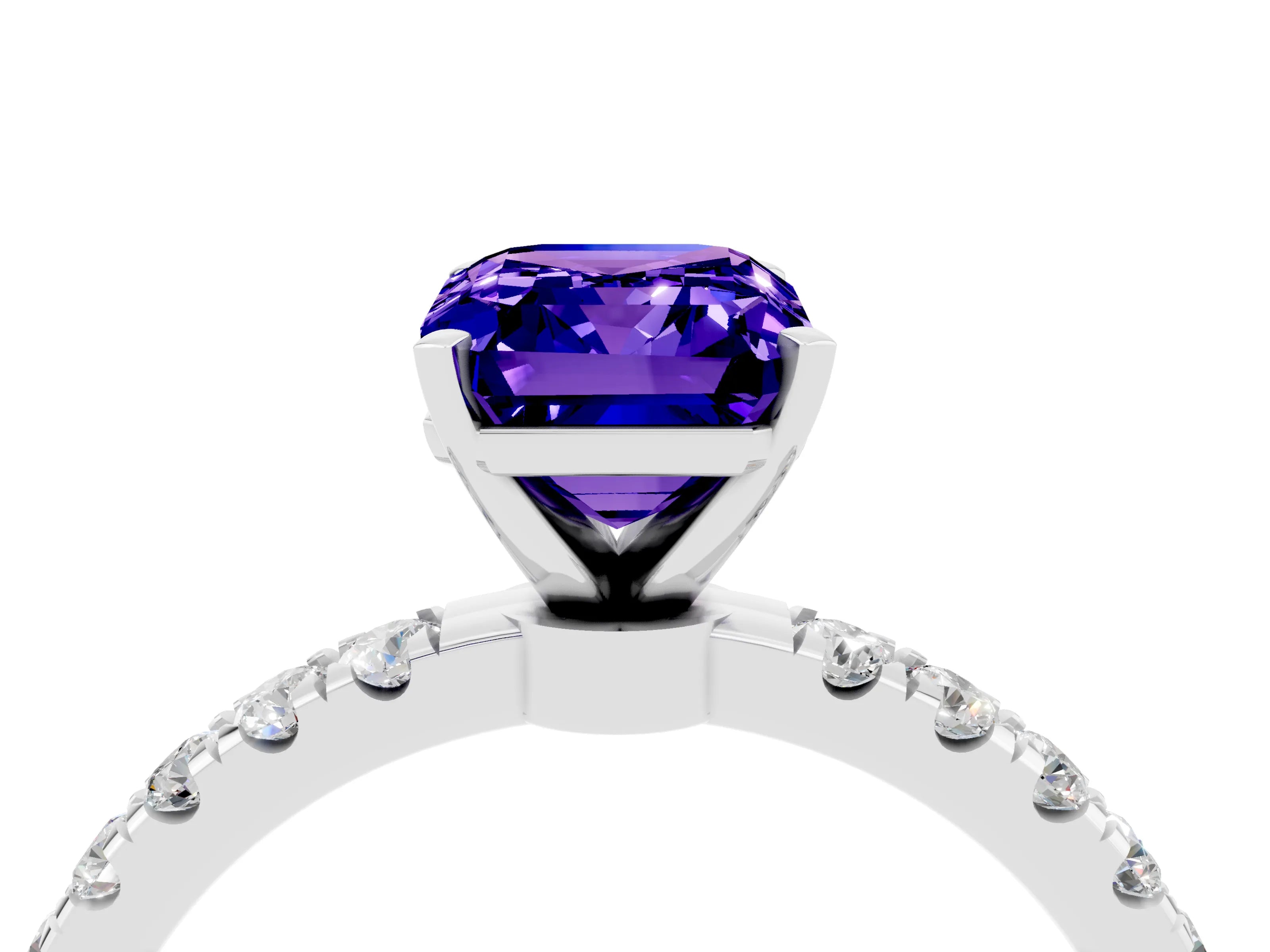 White gold Emerald Cut Tanzanite Solitaire Ring with Pavé Accents and Four-Prong Setting_4