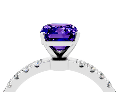 White gold Emerald Cut Tanzanite Solitaire Ring with Pavé Accents and Four-Prong Setting_4
