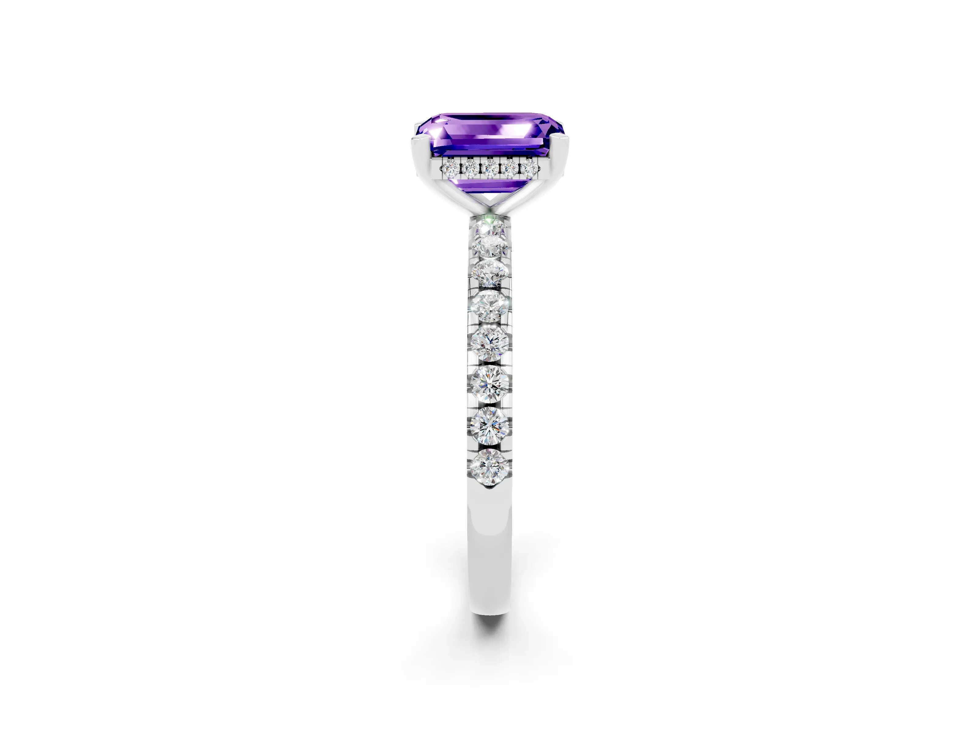 White gold Emerald Cut Tanzanite Solitaire Ring with Pavé Band and Four-Prong Setting_26