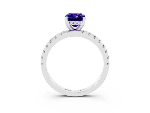 White gold Emerald Cut Tanzanite Solitaire Ring with Round  Pavé Band and Four-Prong Setting