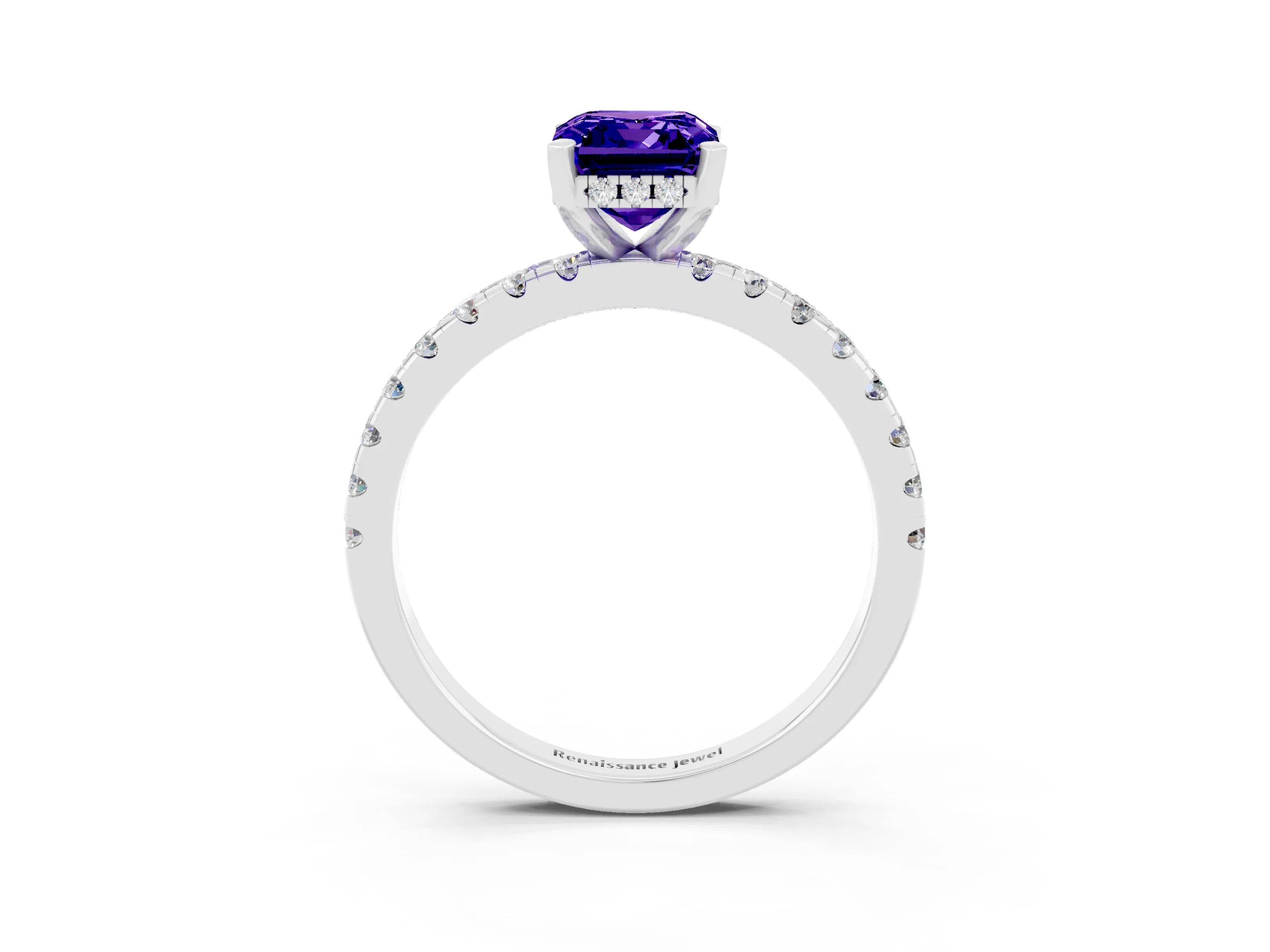 White gold Emerald Cut Tanzanite Solitaire Ring with Pavé Band and Four-Prong Setting_27