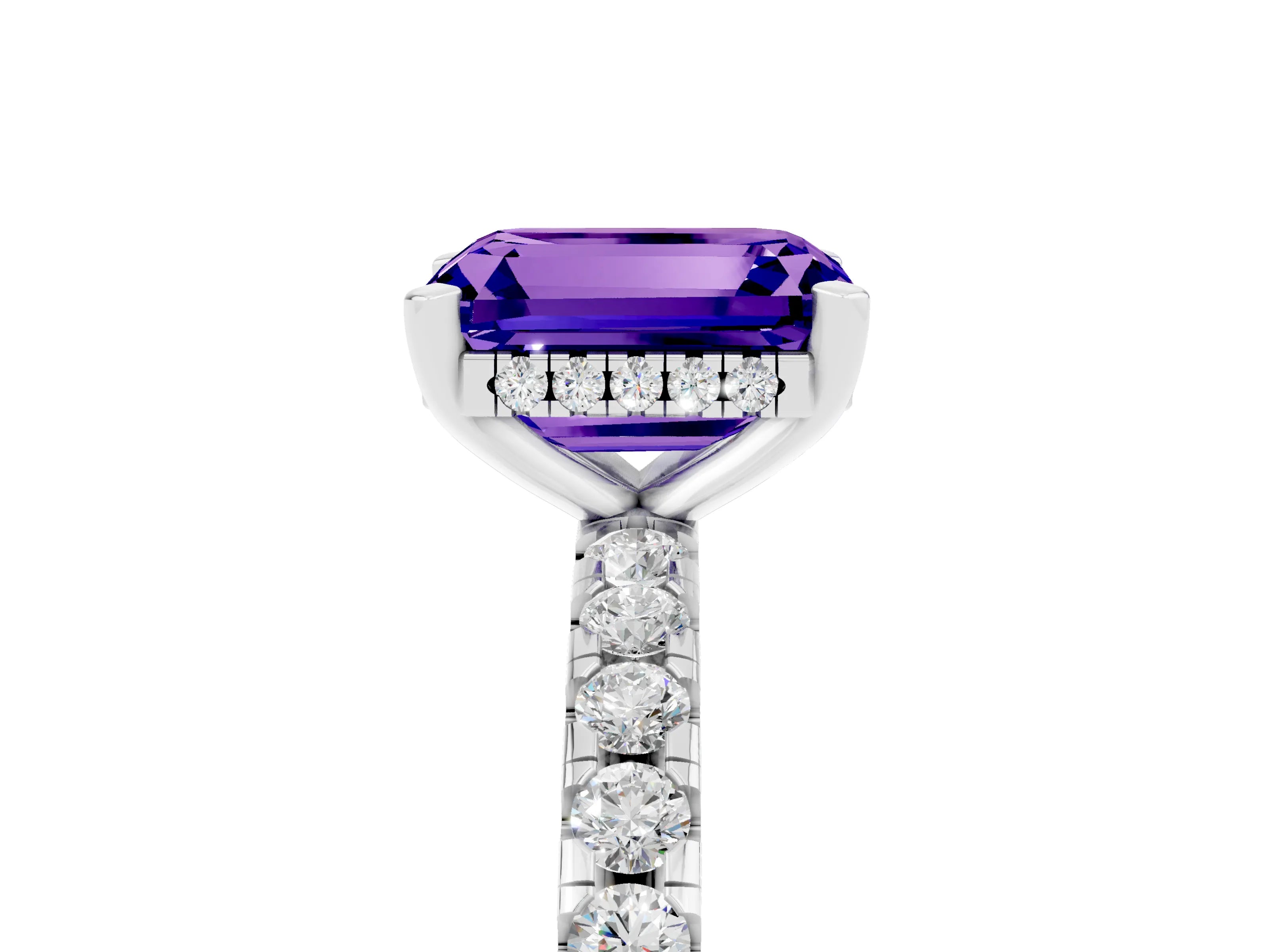 White gold Emerald Cut Tanzanite Solitaire Ring with Pavé Band and Four-Prong Setting_29