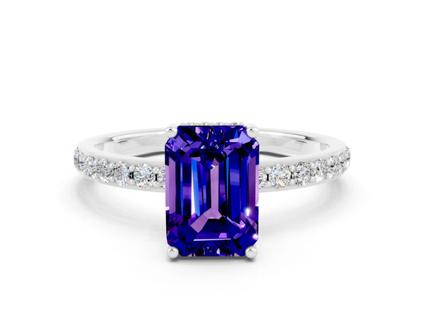 Silver Emerald Cut Tanzanite Solitaire Ring with Pavé Band and Hidden Halo