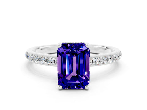 White gold Emerald Cut Tanzanite Solitaire Ring with Pavé Band and Hidden Halo
