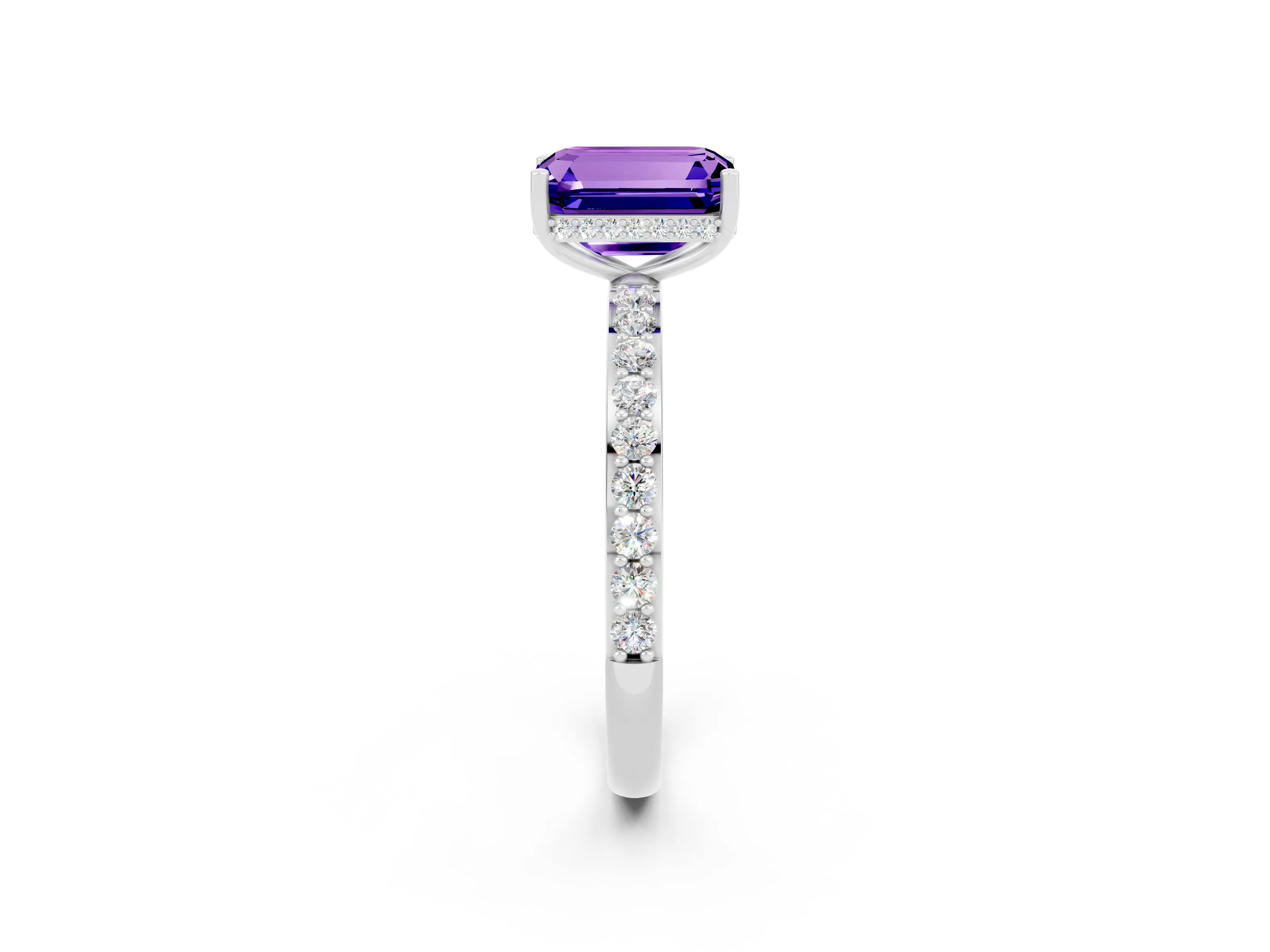 White gold Emerald Cut Tanzanite Solitaire Ring with Pavé Band and Hidden Halo_2