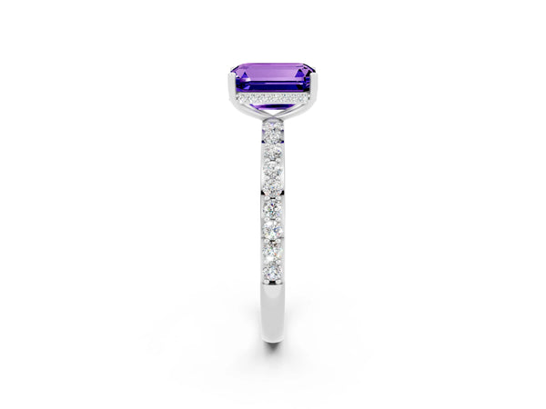 White gold Emerald Cut Tanzanite Solitaire Ring with Pavé Band and Hidden Halo