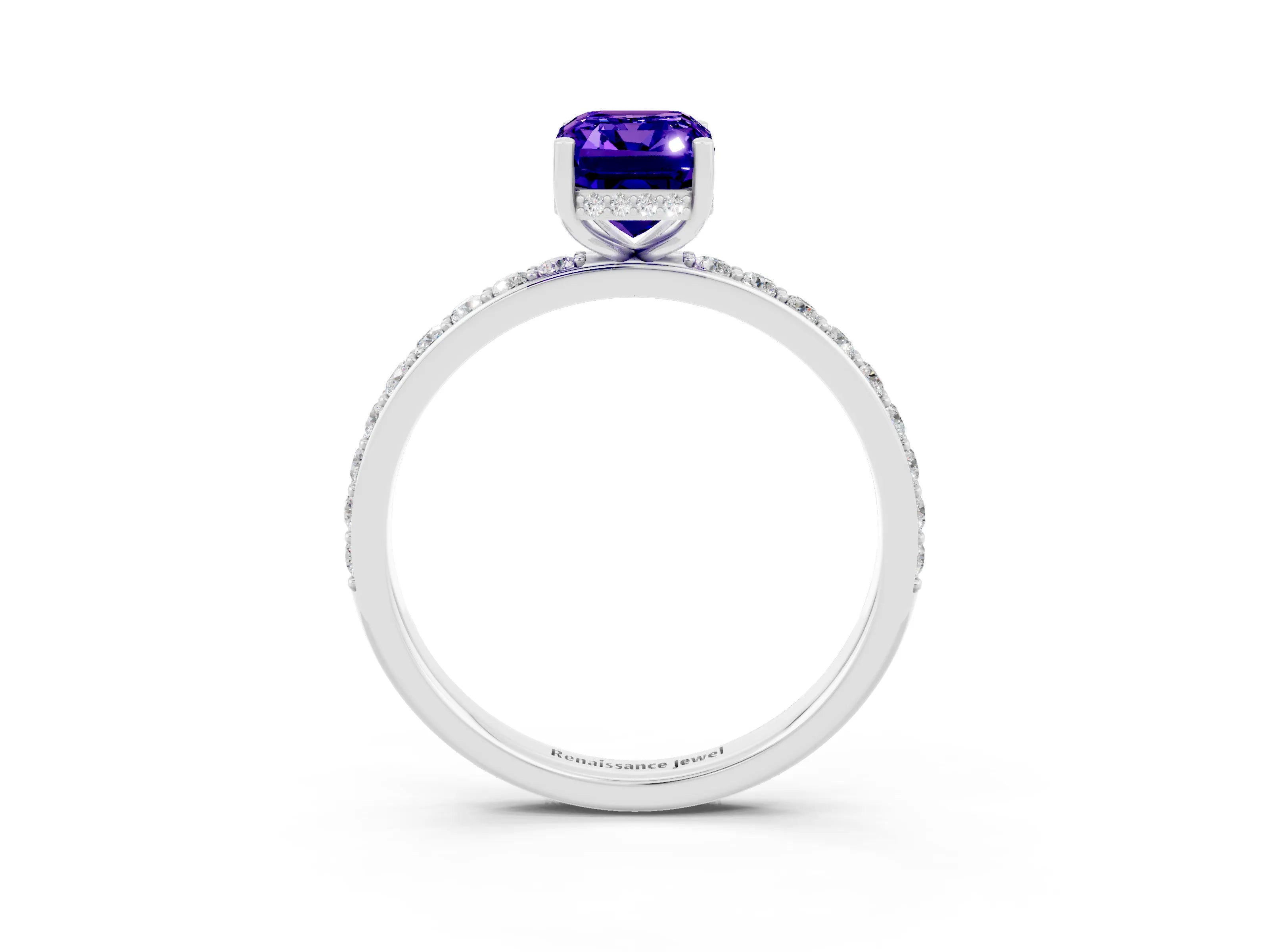 White gold Emerald Cut Tanzanite Solitaire Ring with Pavé Band and Hidden Halo_27