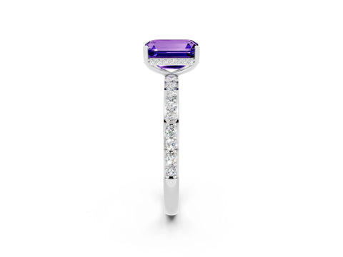 White gold Emerald Cut Tanzanite Solitaire Ring with Pavé Band and Hidden Halo_2