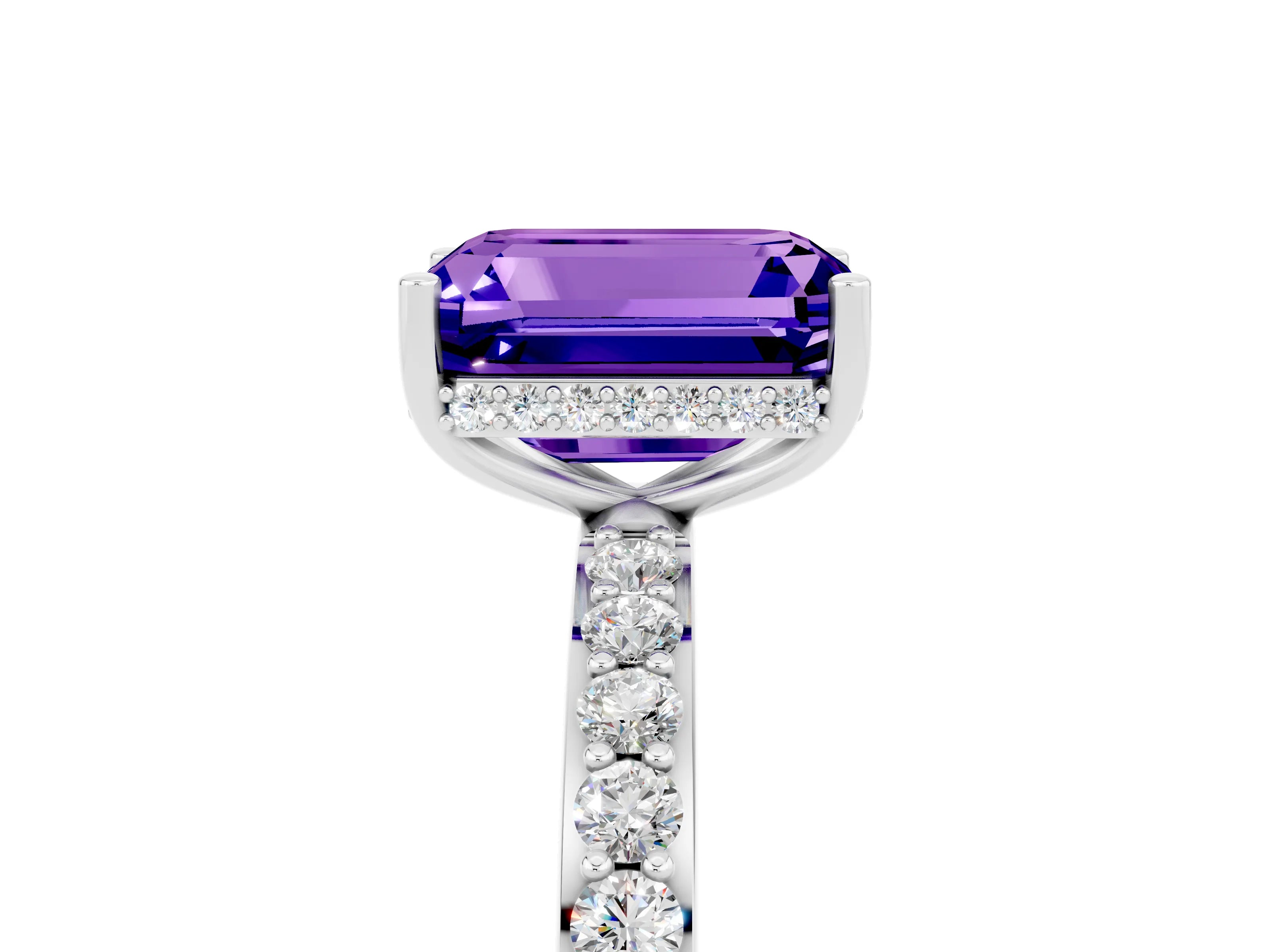 White gold Emerald Cut Tanzanite Solitaire Ring with Pavé Band and Hidden Halo_5
