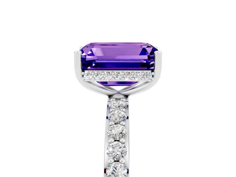 White gold Emerald Cut Tanzanite Solitaire Ring with Pavé Band and Hidden Halo_5